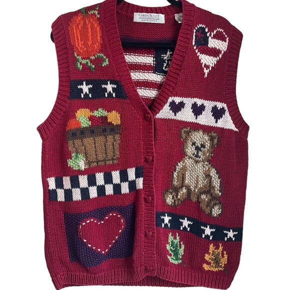 VTG Karen Scott Hand Knits Large Sweater Vest Fall Patriotic Country Teddy Bear - Picture 1 of 7